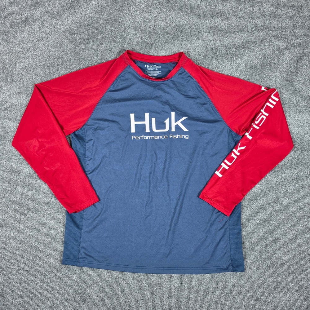 Huk Performance Fishing Shirt Men Large Blue Red Long Sleeve Raglan Tee RN144273